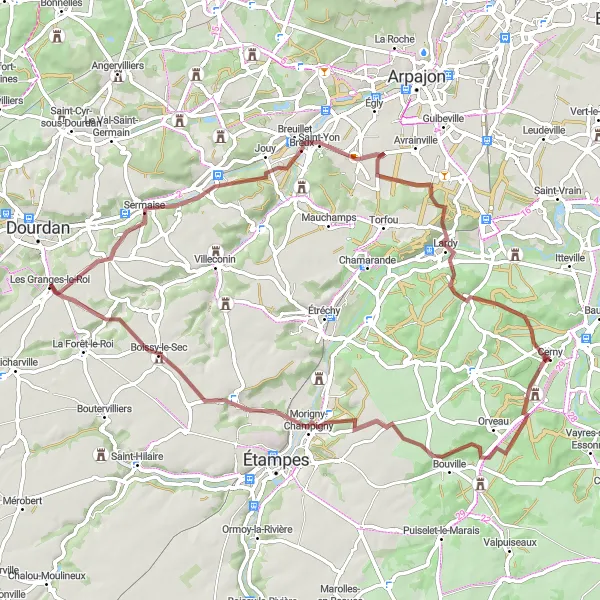 Map miniature of "Les Granges-le-Roi Adventure Ride" cycling inspiration in Ile-de-France, France. Generated by Tarmacs.app cycling route planner