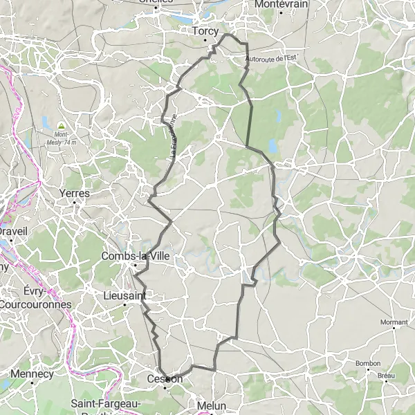 Miniature de la carte de l'inspiration cycliste "Tour autour de Savigny-le-Temple" dans la Ile-de-France, France. Générée par le planificateur d'itinéraire cycliste Tarmacs.app