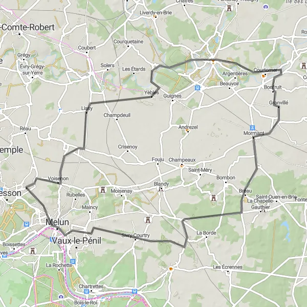 Miniature de la carte de l'inspiration cycliste "Boucle de Lissy à Vaux-le-Pénil" dans la Ile-de-France, France. Générée par le planificateur d'itinéraire cycliste Tarmacs.app
