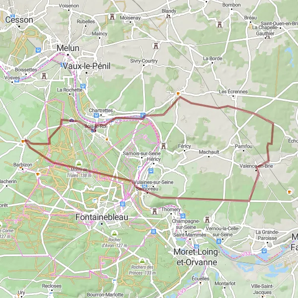 Miniature de la carte de l'inspiration cycliste "Aventure Gravel en Vallée de Seine" dans la Ile-de-France, France. Générée par le planificateur d'itinéraire cycliste Tarmacs.app