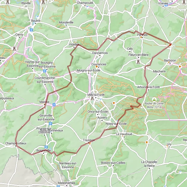 Miniature de la carte de l'inspiration cycliste "Boucle des Collines du Gâtinais" dans la Ile-de-France, France. Générée par le planificateur d'itinéraire cycliste Tarmacs.app