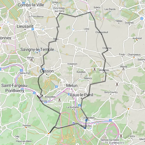 Map miniature of "Chailly-en-Bière Discovery" cycling inspiration in Ile-de-France, France. Generated by Tarmacs.app cycling route planner