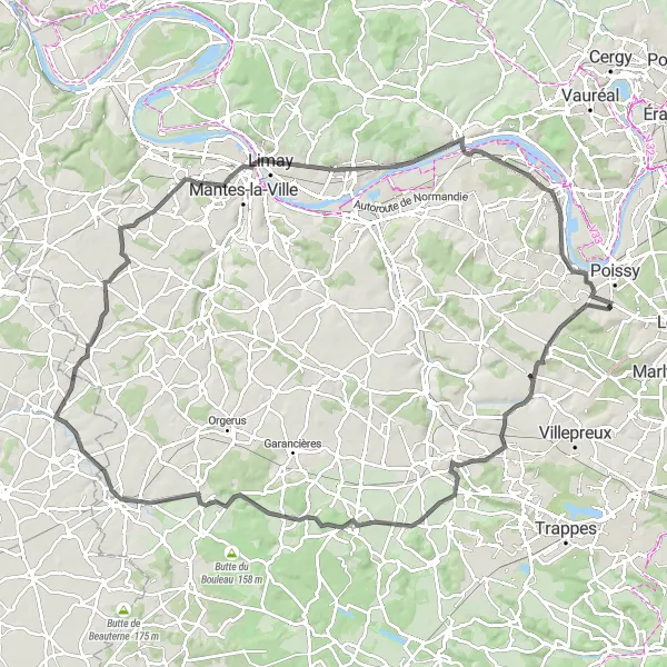 Miniature de la carte de l'inspiration cycliste "Escapade Routière jusqu'à Verneuil-sur-Seine" dans la Ile-de-France, France. Générée par le planificateur d'itinéraire cycliste Tarmacs.app