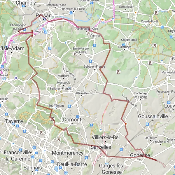 Map miniature of "Hidden Gems of Oise: Beaumont-sur-Oise to Château des Forgets" cycling inspiration in Ile-de-France, France. Generated by Tarmacs.app cycling route planner