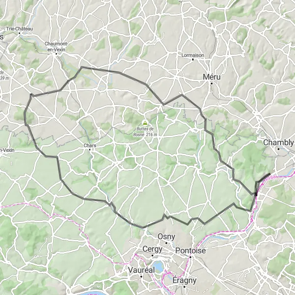 Map miniature of "Butry-sur-Oise to Champagne-sur-Oise Loop" cycling inspiration in Ile-de-France, France. Generated by Tarmacs.app cycling route planner