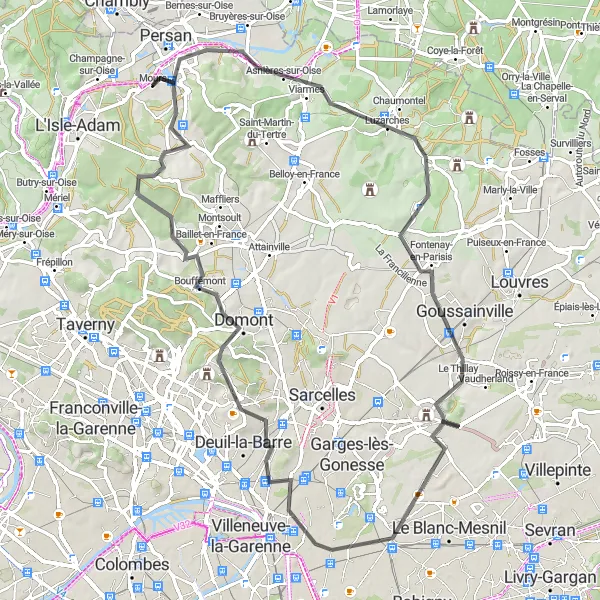 Map miniature of "Road Cycling Adventure: Beaumont-sur-Oise to Nerville-la-Forêt" cycling inspiration in Ile-de-France, France. Generated by Tarmacs.app cycling route planner