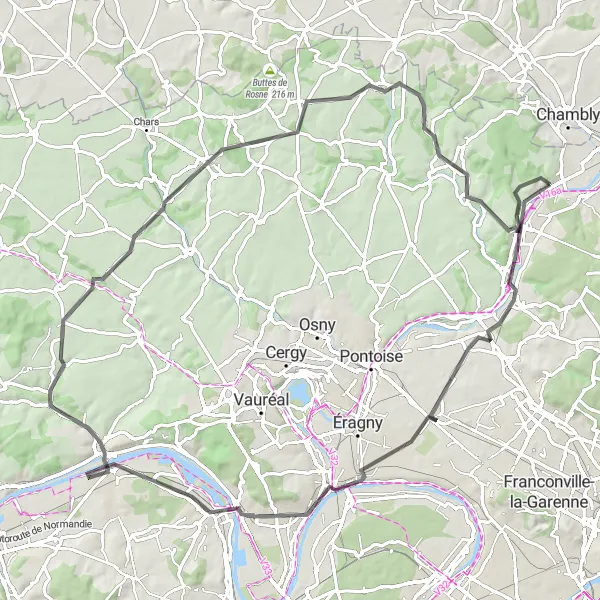 Map miniature of "Mériel to L'Isle-Adam Loop" cycling inspiration in Ile-de-France, France. Generated by Tarmacs.app cycling route planner