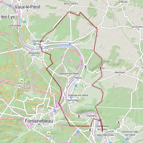 Miniature de la carte de l'inspiration cycliste "Parcours graviers Thomery-Le Châtelet-en-Brie" dans la Ile-de-France, France. Générée par le planificateur d'itinéraire cycliste Tarmacs.app