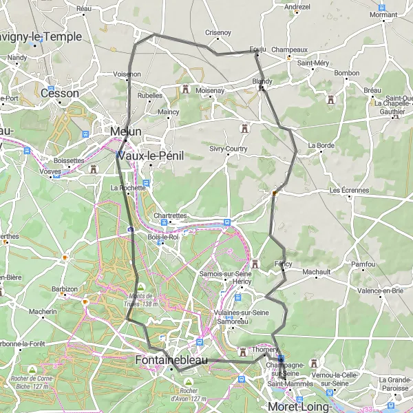 Miniature de la carte de l'inspiration cycliste "Escapade routière Rocher d'Avon-Féricy" dans la Ile-de-France, France. Générée par le planificateur d'itinéraire cycliste Tarmacs.app
