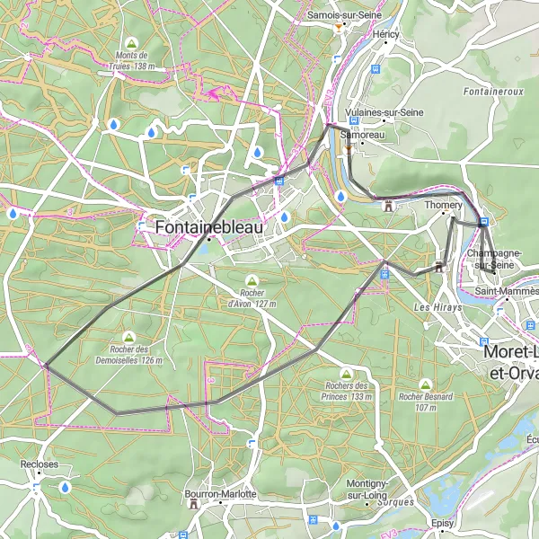 Map miniature of "Scenic Road Ride to Palace of Fontainebleau" cycling inspiration in Ile-de-France, France. Generated by Tarmacs.app cycling route planner