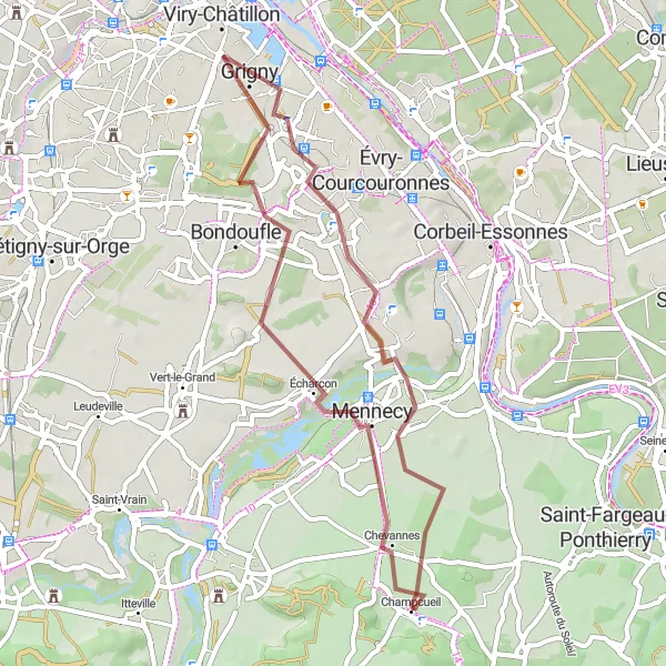 Map miniature of "Champcueil Unique Gravel Ride" cycling inspiration in Ile-de-France, France. Generated by Tarmacs.app cycling route planner