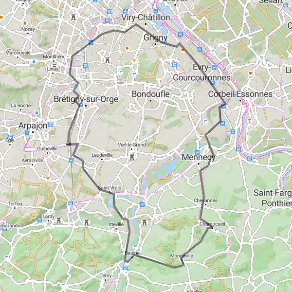 Map miniature of "Grand Loop from Champcueil" cycling inspiration in Ile-de-France, France. Generated by Tarmacs.app cycling route planner