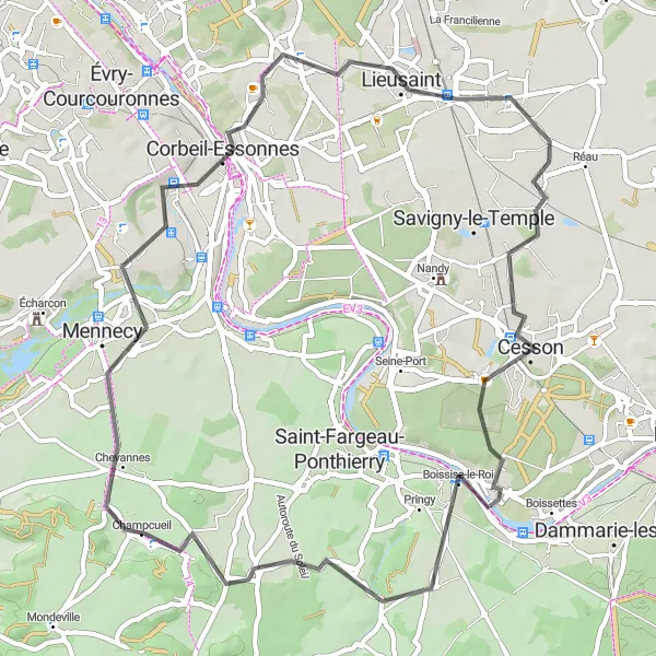 Map miniature of "Champcueil - Boissise-le-Roi" cycling inspiration in Ile-de-France, France. Generated by Tarmacs.app cycling route planner