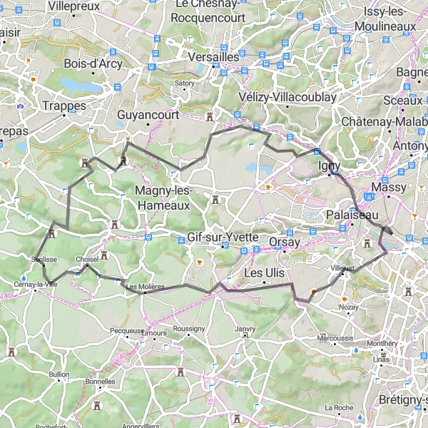 Map miniature of "Les Ulis to Palaiseau Adventure" cycling inspiration in Ile-de-France, France. Generated by Tarmacs.app cycling route planner