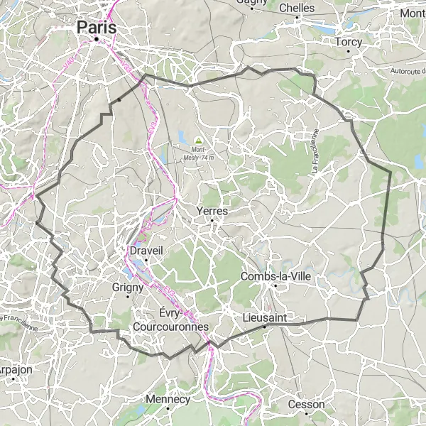 Map miniature of "The South Suburbs Adventure" cycling inspiration in Ile-de-France, France. Generated by Tarmacs.app cycling route planner