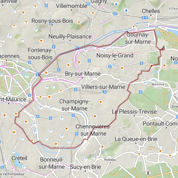 Map miniature of "Chennevières-sur-Marne Gravel Loop" cycling inspiration in Ile-de-France, France. Generated by Tarmacs.app cycling route planner