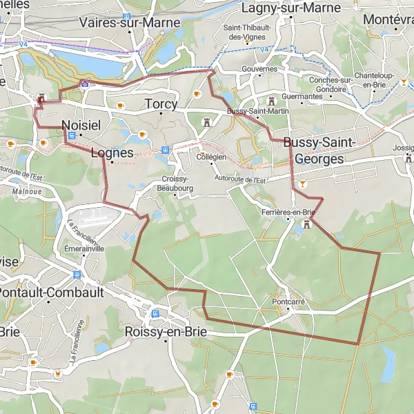 Map miniature of "Champs-sur-Marne Gravel Adventure" cycling inspiration in Ile-de-France, France. Generated by Tarmacs.app cycling route planner