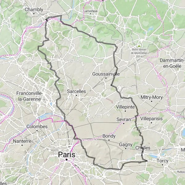 Miniature de la carte de l'inspiration cycliste "Le Circuit des Vallées" dans la Ile-de-France, France. Générée par le planificateur d'itinéraire cycliste Tarmacs.app