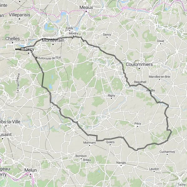 Miniature de la carte de l'inspiration cycliste "Boucle à vélo de Champs-sur-Marne à Gretz-Armainvilliers" dans la Ile-de-France, France. Générée par le planificateur d'itinéraire cycliste Tarmacs.app
