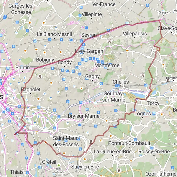 Map miniature of "Charenton to Bagnolet Gravel Adventure" cycling inspiration in Ile-de-France, France. Generated by Tarmacs.app cycling route planner
