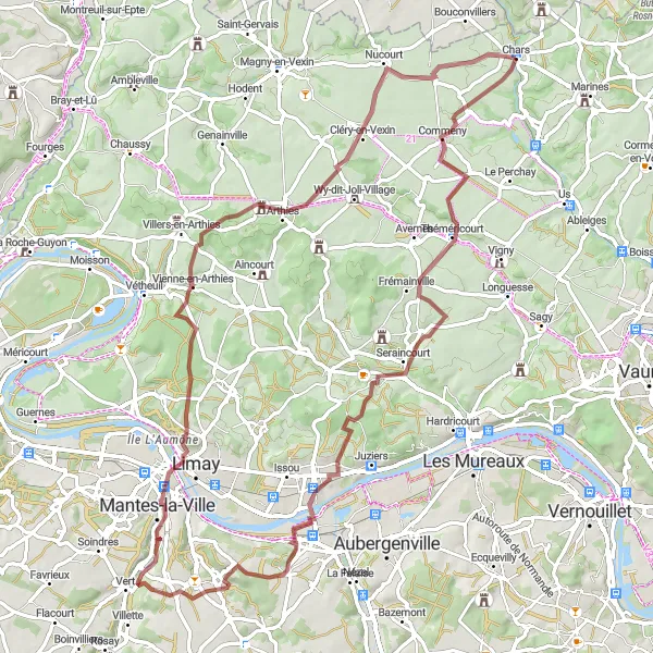 Miniature de la carte de l'inspiration cycliste "Aventure en gravel à travers les sentiers de l'Oise" dans la Ile-de-France, France. Générée par le planificateur d'itinéraire cycliste Tarmacs.app