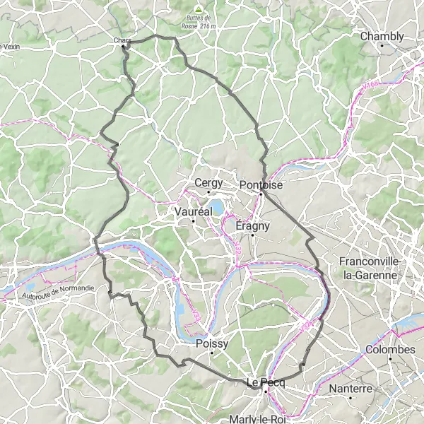 Map miniature of "Road Cycling Exploration near Chars" cycling inspiration in Ile-de-France, France. Generated by Tarmacs.app cycling route planner