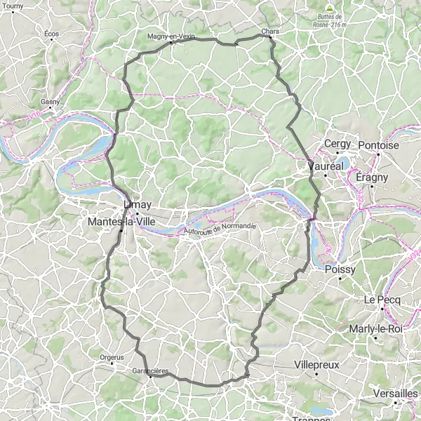 Miniature de la carte de l'inspiration cycliste "Boucle du Vexin Normand" dans la Ile-de-France, France. Générée par le planificateur d'itinéraire cycliste Tarmacs.app