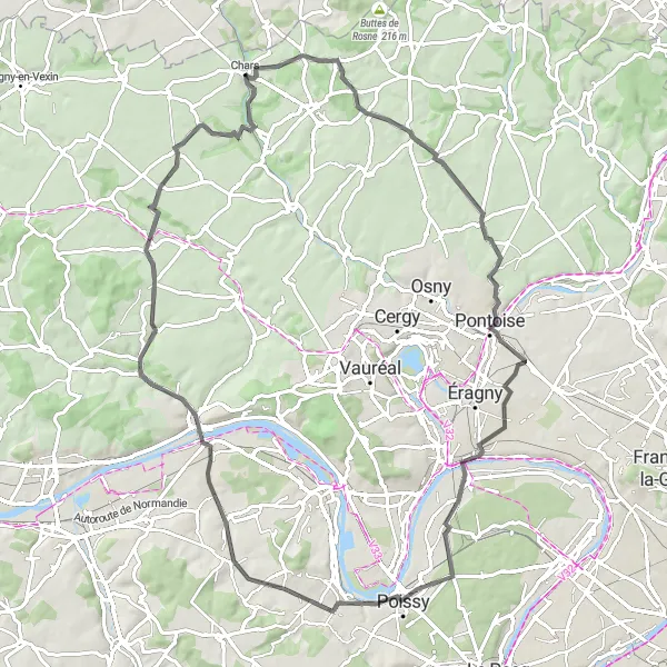 Miniature de la carte de l'inspiration cycliste "Route des Châteaux de l'Oise" dans la Ile-de-France, France. Générée par le planificateur d'itinéraire cycliste Tarmacs.app