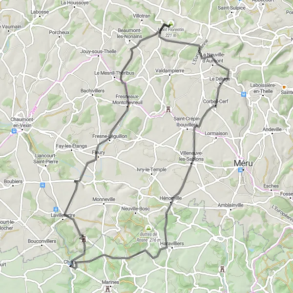 Map miniature of "Exploring Rural Roads near Chars" cycling inspiration in Ile-de-France, France. Generated by Tarmacs.app cycling route planner