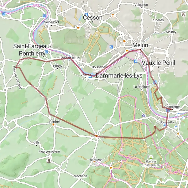Miniature de la carte de l'inspiration cycliste "Boucle gravel de 43 km vers Saint-Fargeau-Ponthierry" dans la Ile-de-France, France. Générée par le planificateur d'itinéraire cycliste Tarmacs.app