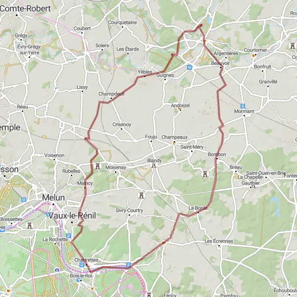 Miniature de la carte de l'inspiration cycliste "Itinéraire gravel de 66 km vers Yèbles" dans la Ile-de-France, France. Générée par le planificateur d'itinéraire cycliste Tarmacs.app