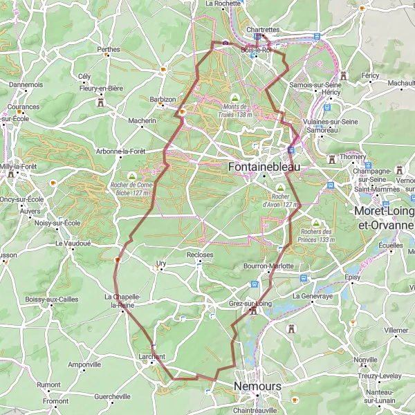 Miniature de la carte de l'inspiration cycliste "Boucle du Rocher d'Avon" dans la Ile-de-France, France. Générée par le planificateur d'itinéraire cycliste Tarmacs.app