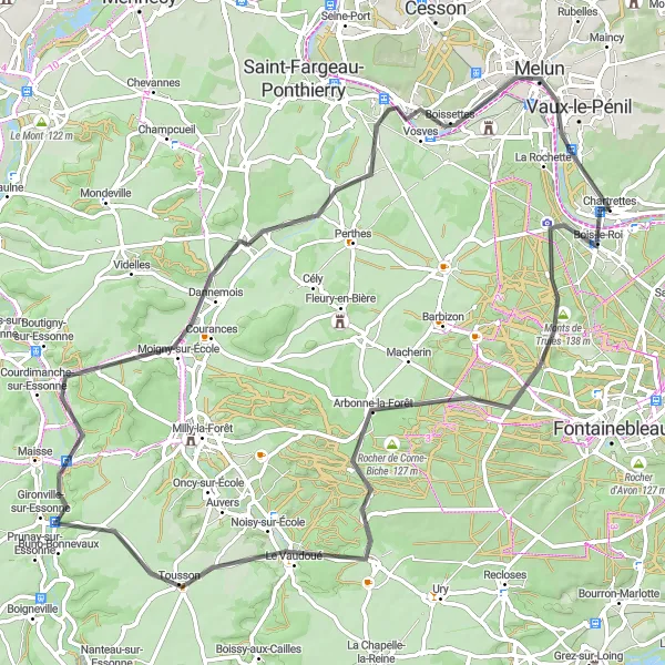 Map miniature of "Challenging Road Cycling Loop near Chartrettes" cycling inspiration in Ile-de-France, France. Generated by Tarmacs.app cycling route planner