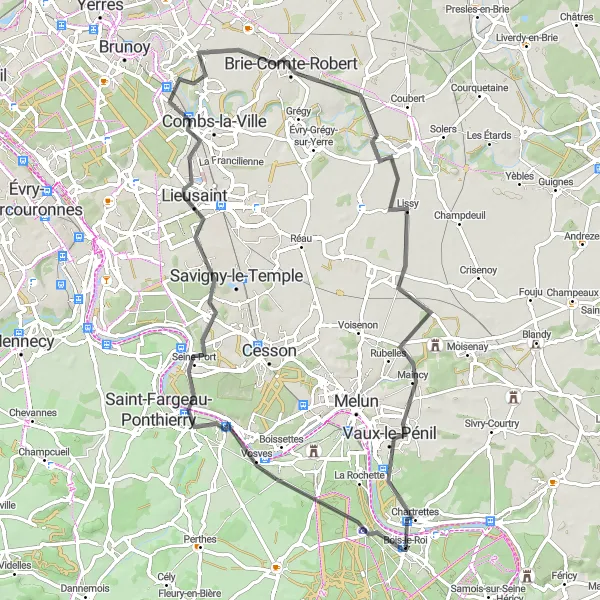 Miniature de la carte de l'inspiration cycliste "Circuit cycliste de 75 km vers Vaux-le-Pénil" dans la Ile-de-France, France. Générée par le planificateur d'itinéraire cycliste Tarmacs.app