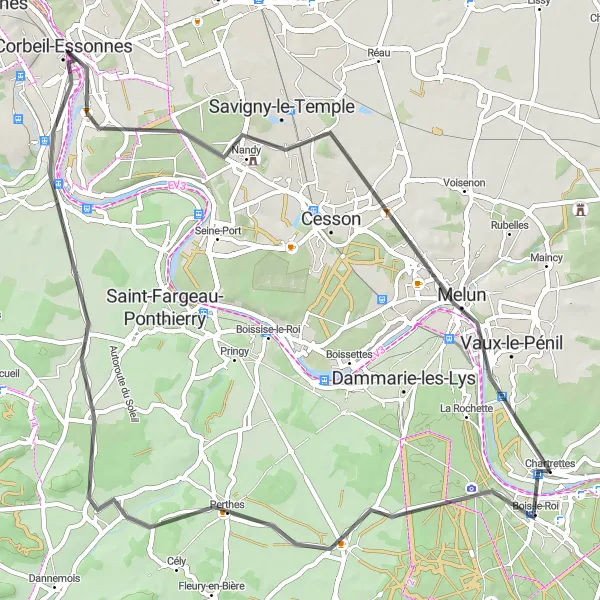Miniature de la carte de l'inspiration cycliste "Boucle champêtre de Chailly-en-Bière" dans la Ile-de-France, France. Générée par le planificateur d'itinéraire cycliste Tarmacs.app