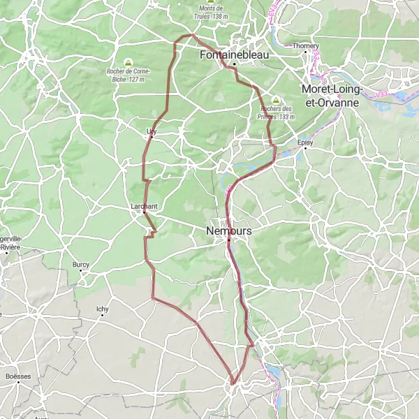 Miniature de la carte de l'inspiration cycliste "Le Tour des Rochers de Fontainebleau" dans la Ile-de-France, France. Générée par le planificateur d'itinéraire cycliste Tarmacs.app