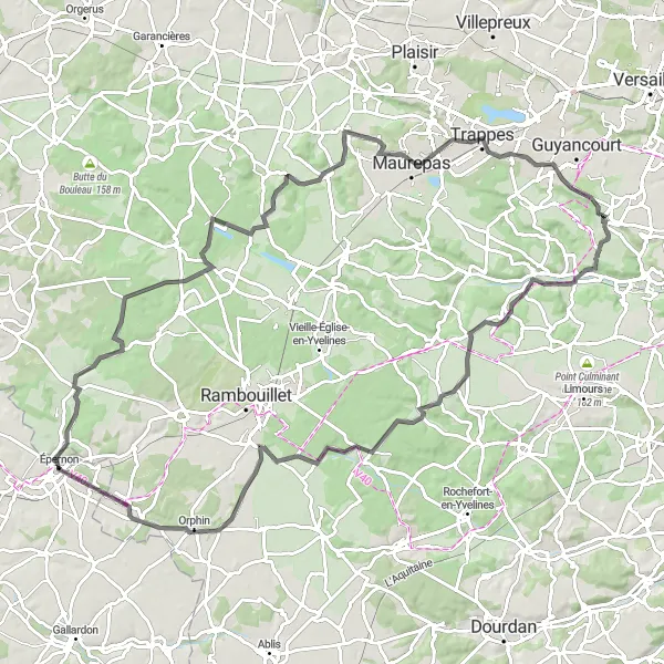 Map miniature of "Châteaufort 100 Road Cycling Route" cycling inspiration in Ile-de-France, France. Generated by Tarmacs.app cycling route planner