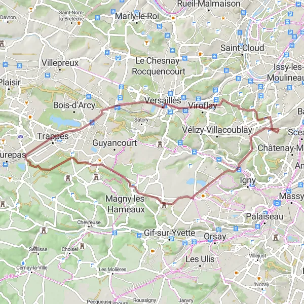 Miniature de la carte de l'inspiration cycliste "Exploration des Parcs et Jardins" dans la Ile-de-France, France. Générée par le planificateur d'itinéraire cycliste Tarmacs.app