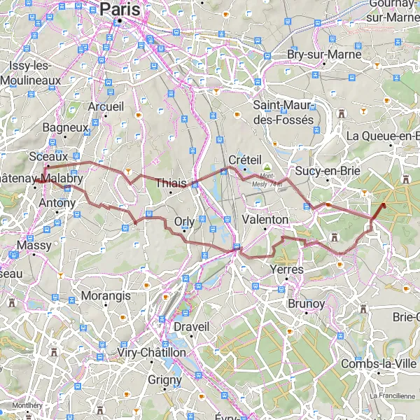 Miniature de la carte de l'inspiration cycliste "Boucle des cascades et des pistes" dans la Ile-de-France, France. Générée par le planificateur d'itinéraire cycliste Tarmacs.app