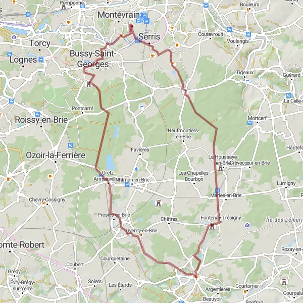 Map miniature of "A Gravel Journey Through Brie" cycling inspiration in Ile-de-France, France. Generated by Tarmacs.app cycling route planner