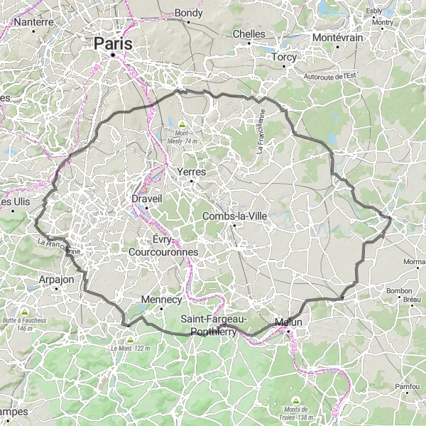 Map miniature of "The Guignes Challenge" cycling inspiration in Ile-de-France, France. Generated by Tarmacs.app cycling route planner