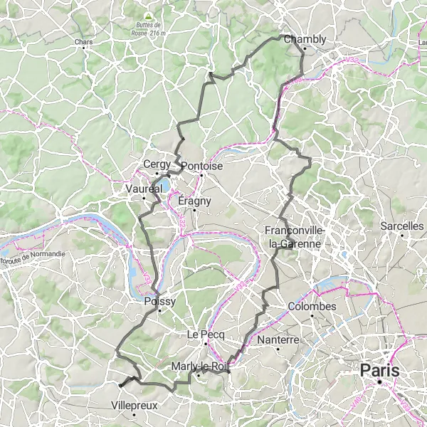 Map miniature of "Val d'Oise Circuit" cycling inspiration in Ile-de-France, France. Generated by Tarmacs.app cycling route planner