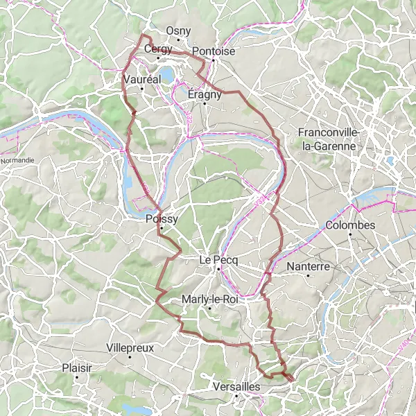 Map miniature of "Challenging Gravel Expedition" cycling inspiration in Ile-de-France, France. Generated by Tarmacs.app cycling route planner