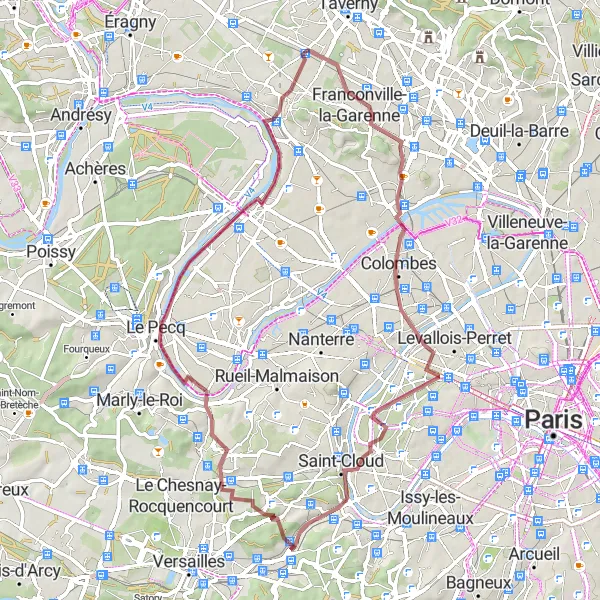 Map miniature of "Panoramic Gravel Expedition" cycling inspiration in Ile-de-France, France. Generated by Tarmacs.app cycling route planner