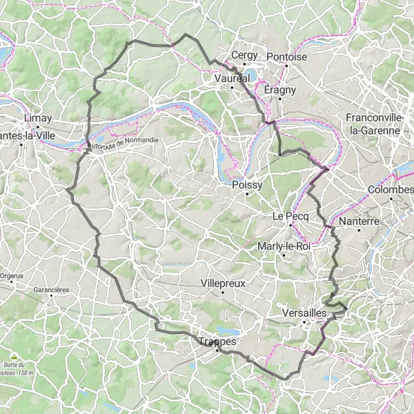 Map miniature of "Montigny-le-Bretonneux and Vauréal Road Cycling Route" cycling inspiration in Ile-de-France, France. Generated by Tarmacs.app cycling route planner
