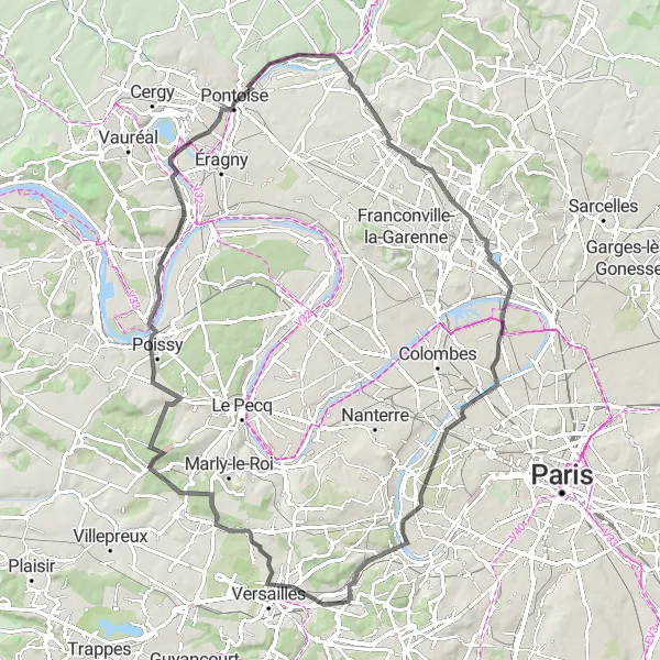 Map miniature of "Versailles and More" cycling inspiration in Ile-de-France, France. Generated by Tarmacs.app cycling route planner