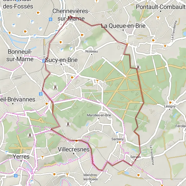 Map miniature of "Gravel Tour around Chennevières-sur-Marne and Boissy-Saint-Léger" cycling inspiration in Ile-de-France, France. Generated by Tarmacs.app cycling route planner