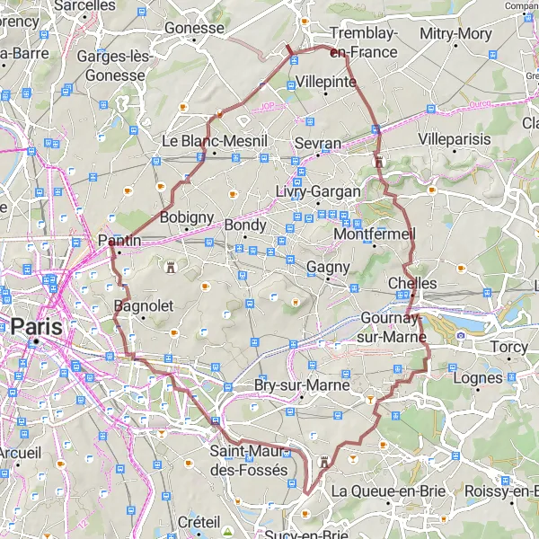 Map miniature of "Challenging Gravel Ride through Vincennes and Champs-sur-Marne" cycling inspiration in Ile-de-France, France. Generated by Tarmacs.app cycling route planner