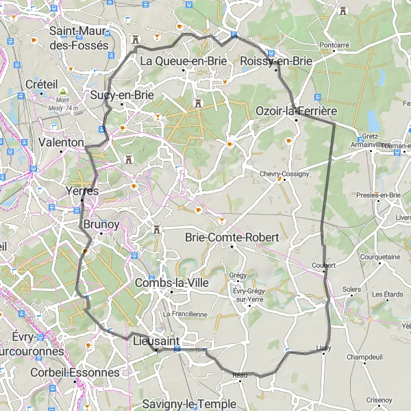 Miniature de la carte de l'inspiration cycliste "Tour Vallée du Morbras" dans la Ile-de-France, France. Générée par le planificateur d'itinéraire cycliste Tarmacs.app
