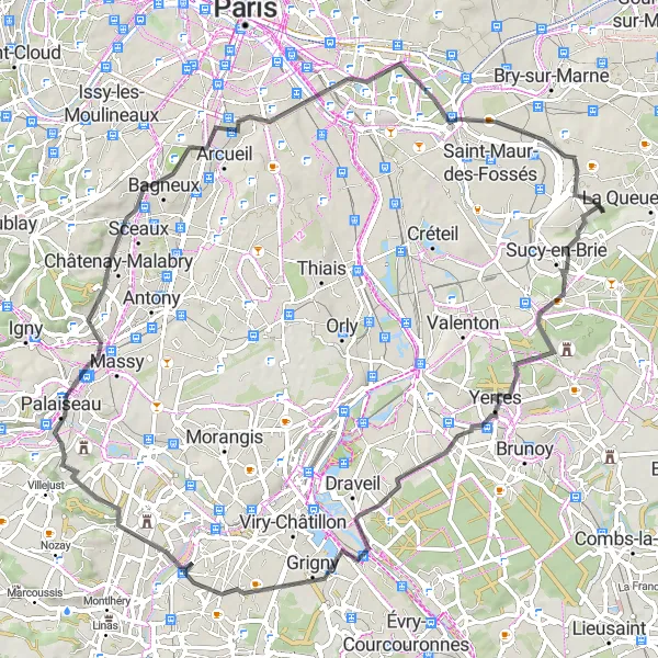 Miniature de la carte de l'inspiration cycliste "Boucle de Ris-Orangis" dans la Ile-de-France, France. Générée par le planificateur d'itinéraire cycliste Tarmacs.app